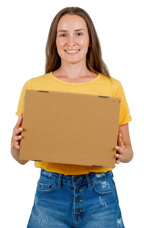 young-female-holding-cardboard-box-smiling-t-shirt-shorts